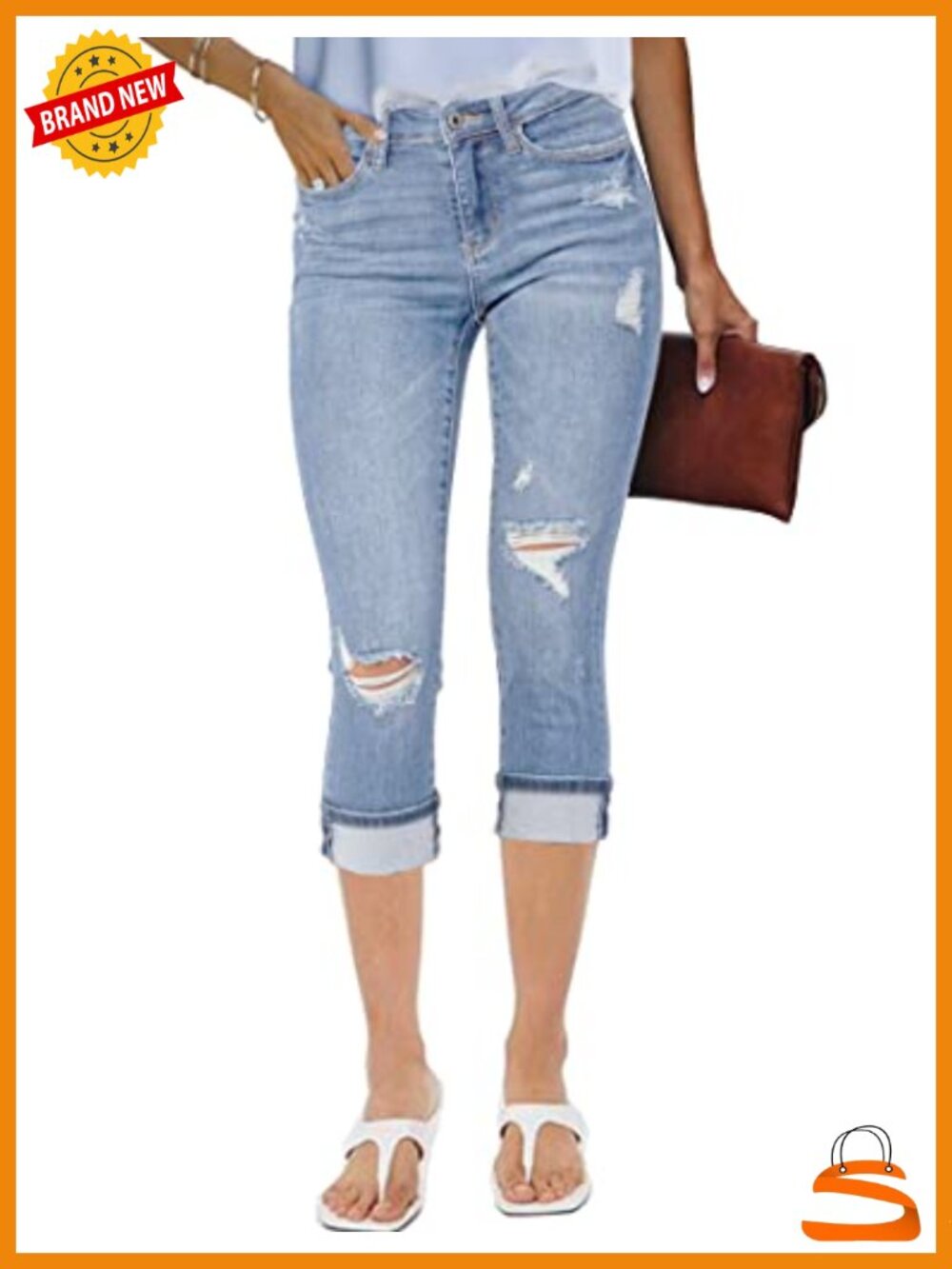 High Waisted Stretch Capri Jeans Distressed Ripped Skinny Cropped Pants